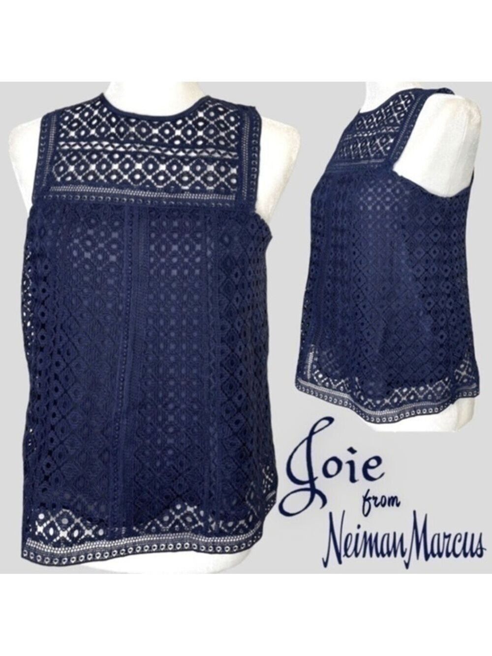JOIE Esrel Navy Blue Embroidered Rhombus Lace Layered Top NWT/MD